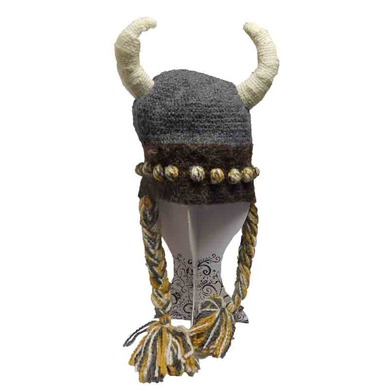 Peruvian Hand Knit Viking Hat with Horns Grey