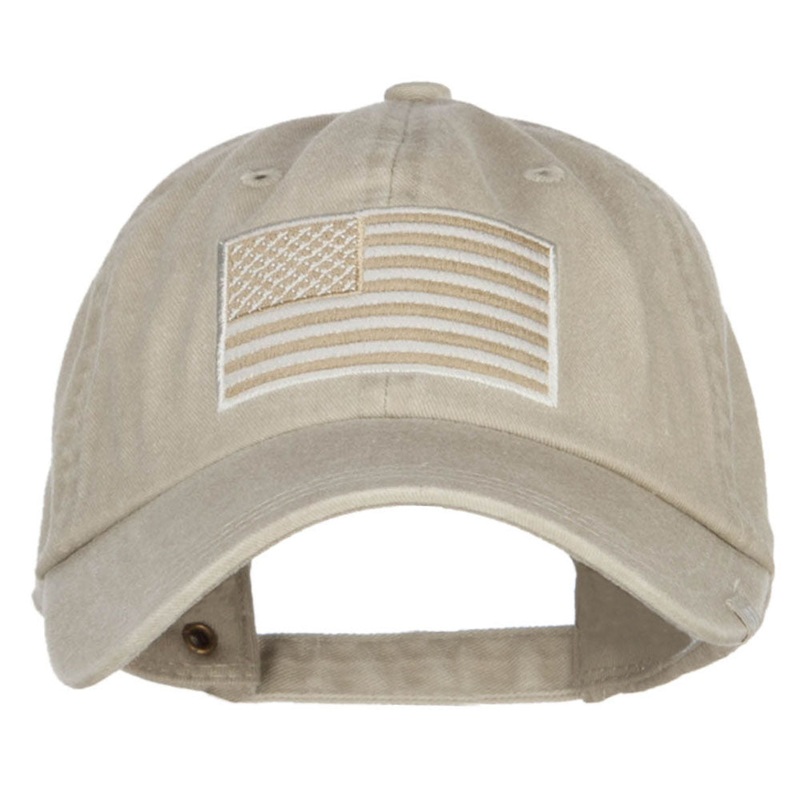 USA Flag Embroidered Washed Dyed Cap Beige One Size