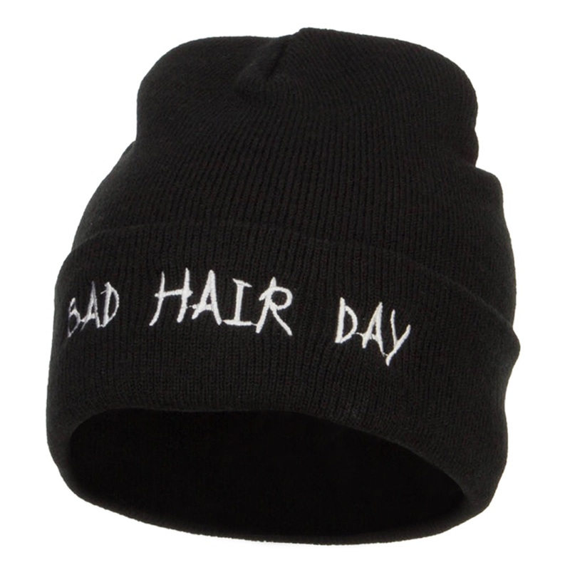 Bad Hair Day Embroidered Long Beanie Black One Size