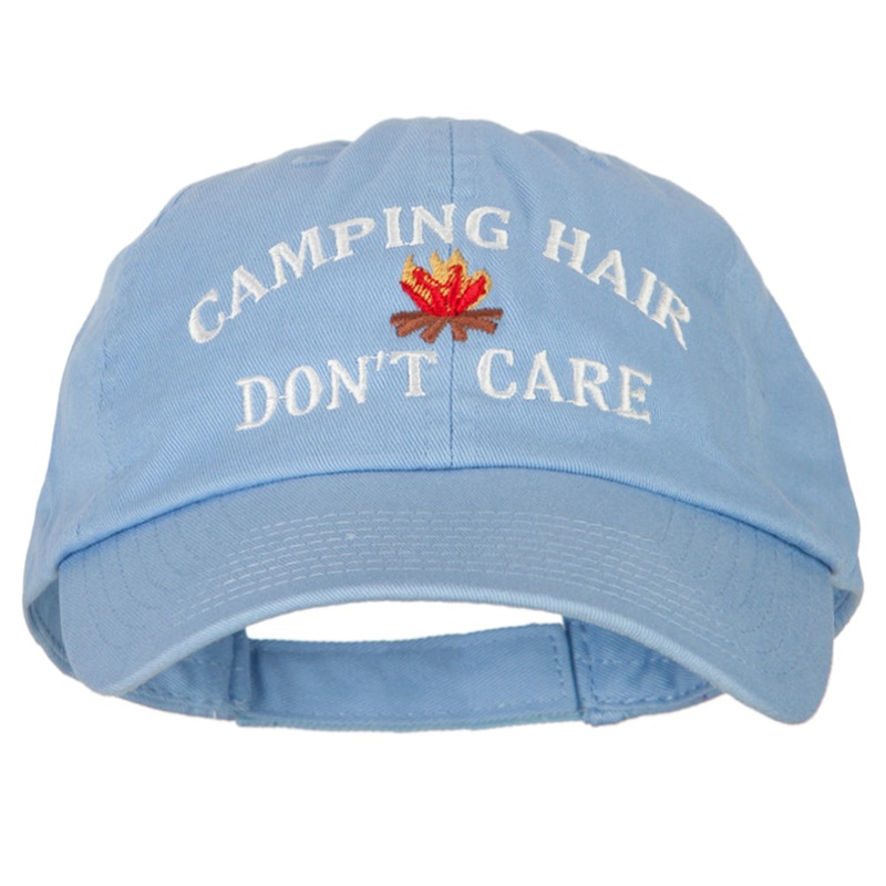 Camping Hair Don’t Care with Fire Embroidered Low Profile Cotton Cap Sky Blue One Size