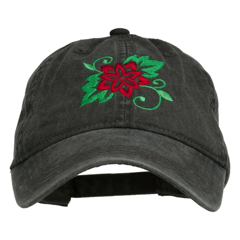 Christmas Poinsettia Flower Embroidered Washed Dyed Cap Black One Size