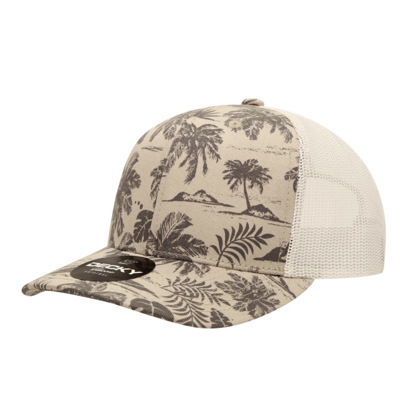 Decky 6037 – 6 Panel Mid Profile Printed Trucker Cap Stone Tropic