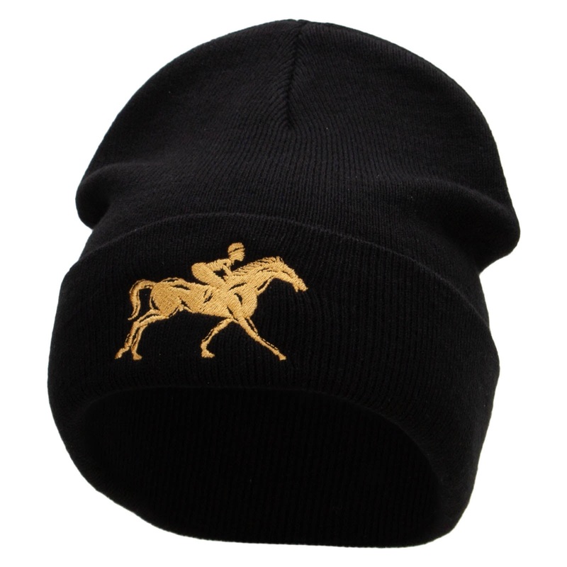 Running Horse Embroidered 12 Inch Long Knitted Beanie Black One Size