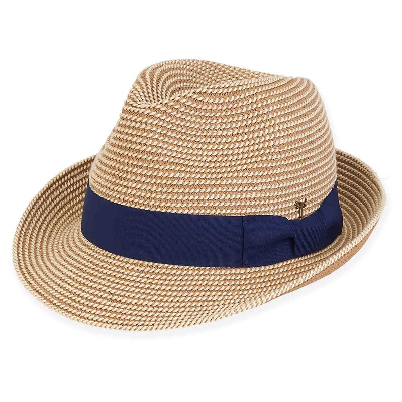 Two Tone Fedora Hat with Navy Band – Tidal Tom Tan M/L (23 1/4″)