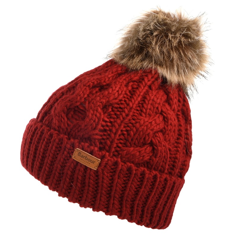 Barbour Hats Penshaw Cable Knit Faux Fur Pom Bobble Hat – Crimson 1-Size