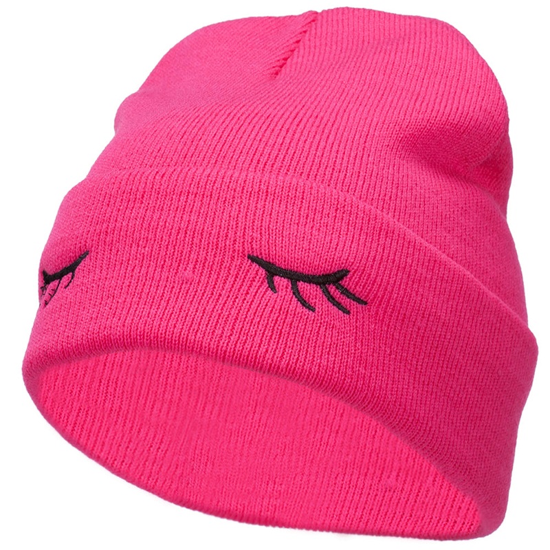 Eyelashes Embroidered 12 Inch Long Beanie Magenta One Size