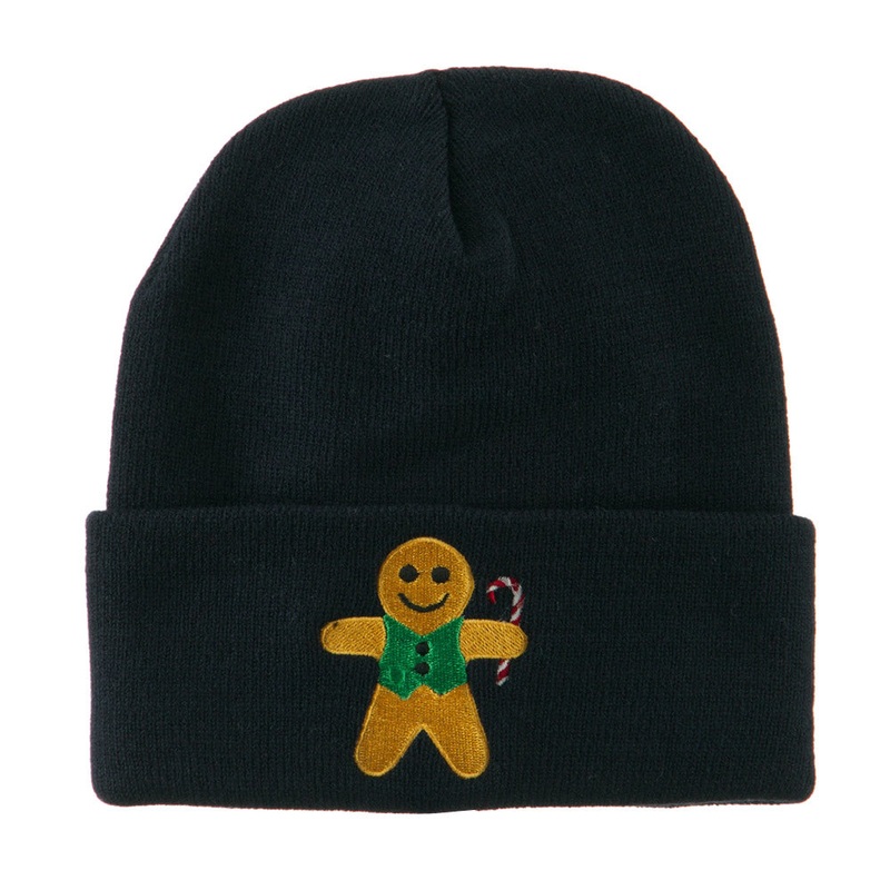 Gingerbread Man with Candy Cane Embroidered Beanie Navy One Size