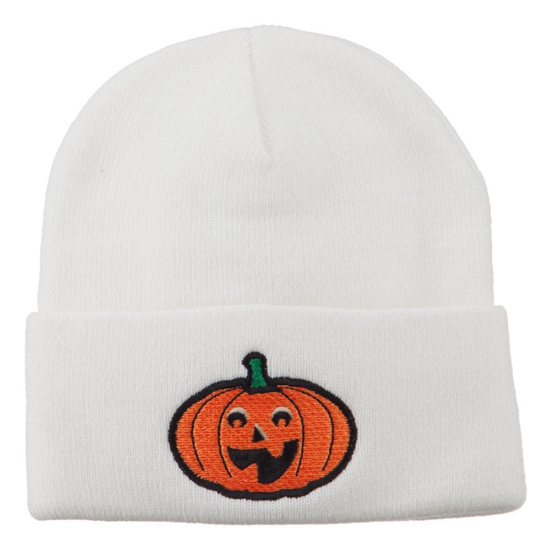 Halloween Excited Jack o Lantern Embroidered Long Beanie White One Size