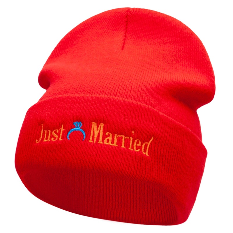 Just Married Ring Embroidered 12 Inch Long Knitted Beanie Red One Size
