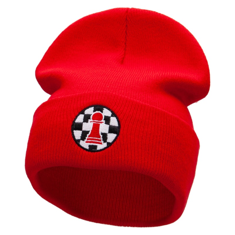 Pawn Chess Piece Embroidered 12 Inch Long Knitted Beanie Red One Size