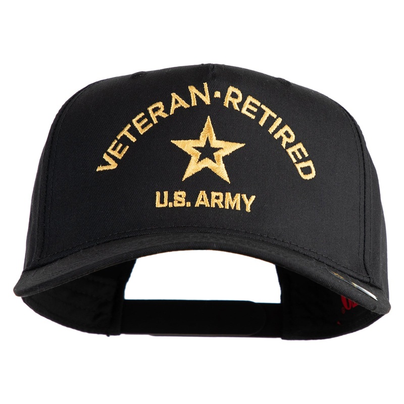 Star US Army Veteran Retired Embroidered Solid Cotton Twill 5 Panel Prostyle Snap Cap Black One Size