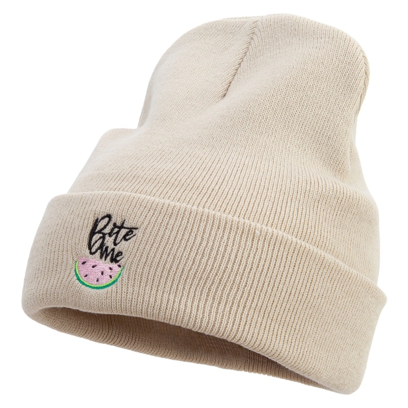 Watermelon Bite Me Embroidered 12 Inch Long Knitted Beanie Birch One Size
