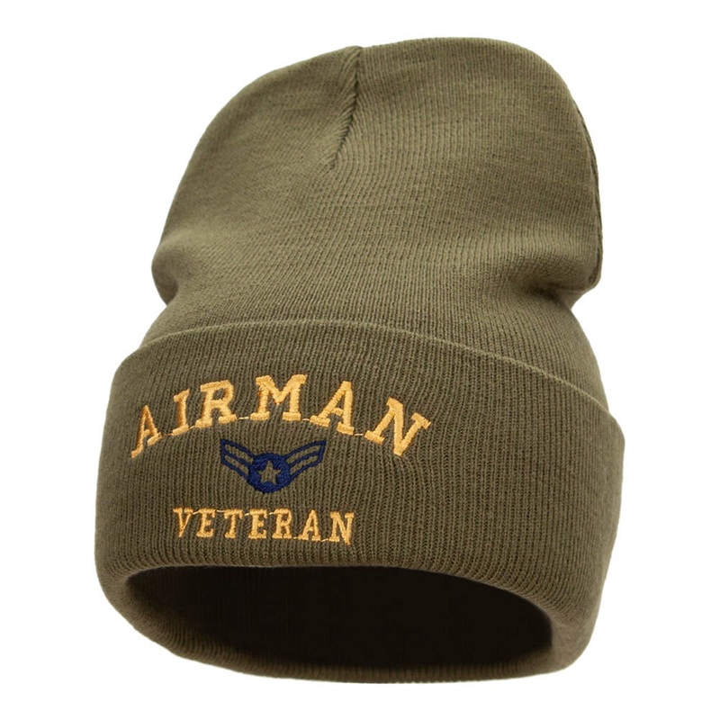 Airman Veteran Embroidered Long Knitted Beanie Olive One Size