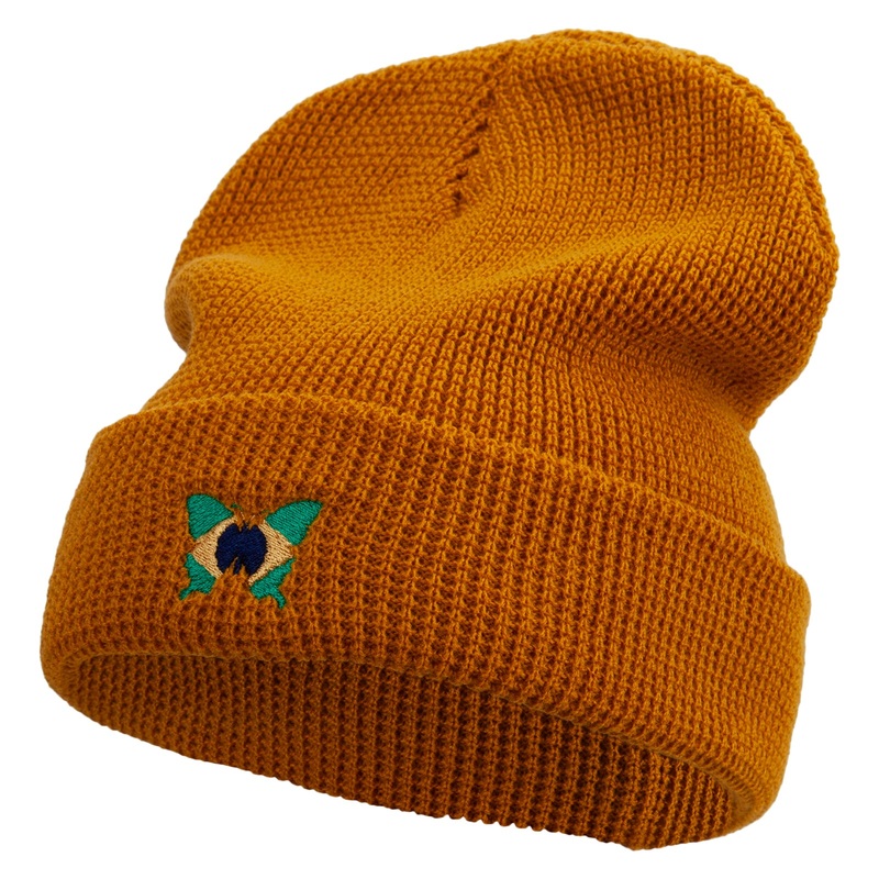 Brazil Butterfly Logo Embroidered Waffle Knit Cuff Beanie Camel One Size