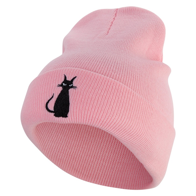 Halloween Black Cat Logo Embroidered 12 inch Acrylic Cuffed Long Beanie Pink One Size