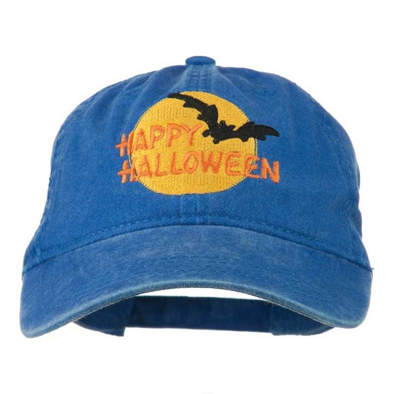 Happy Halloween Full Moon Embroidered Washed Dyed Cap Royal One Size