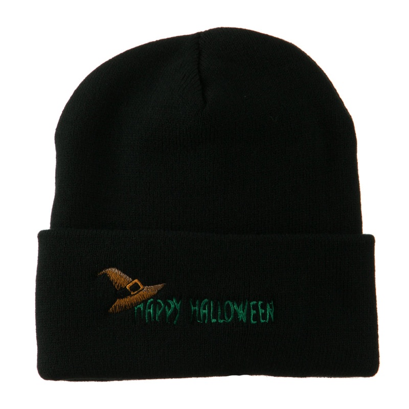 Happy Halloween Witch Hat Embroidered Long Beanie Black One Size