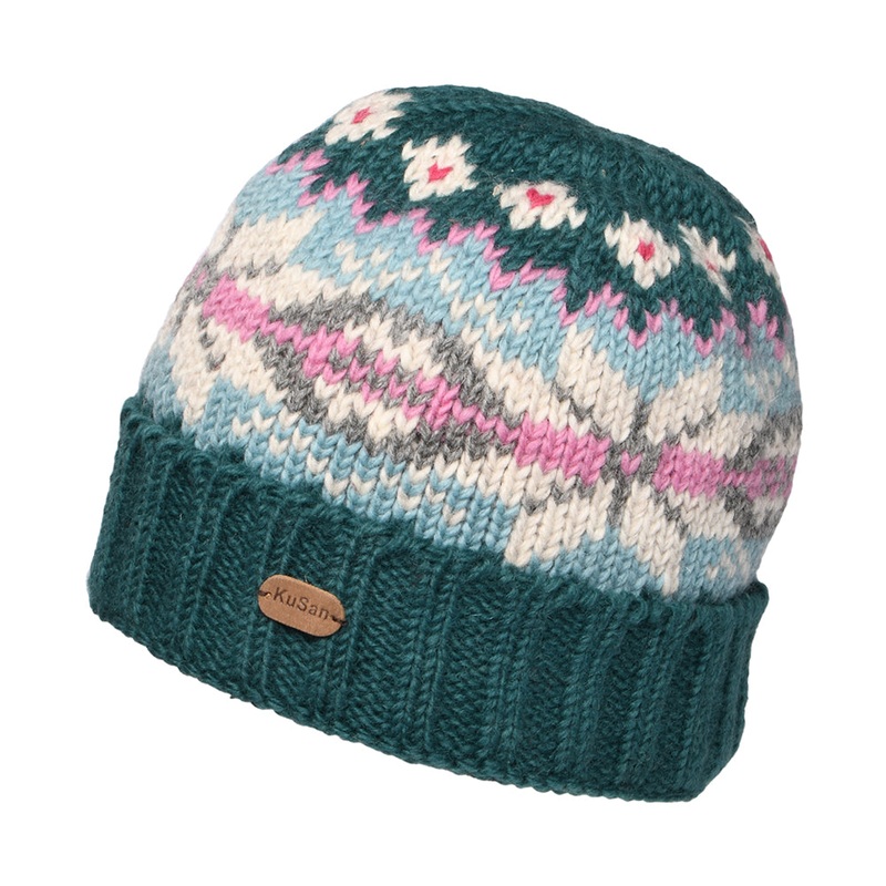 Kusan Snowflake Turn Up Beanie Hat – Teal-Aqua 1-Size