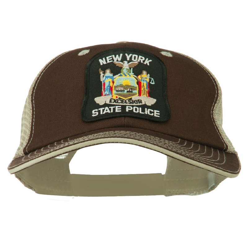 NY State Police Patched Big Size Washed Mesh Cap Brown Beige XL-3XL