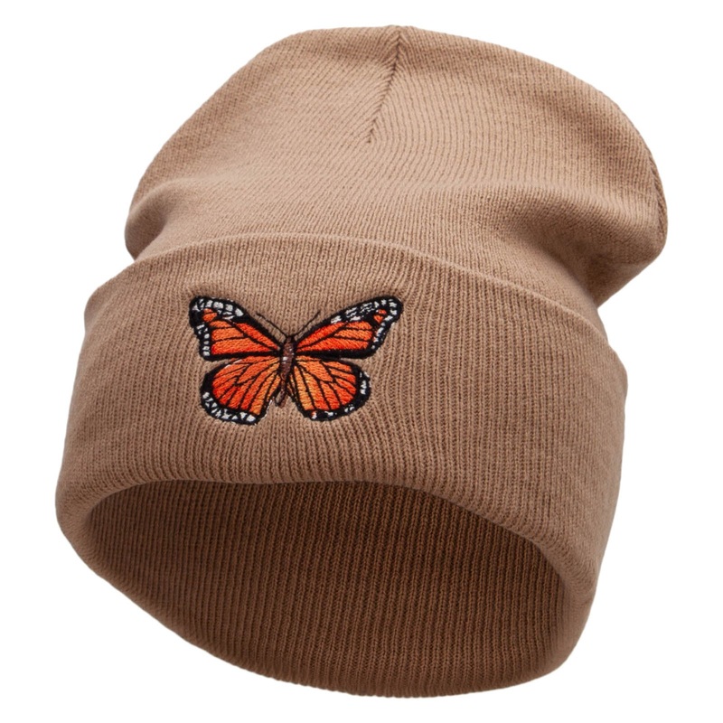 The Monarch Butterfly Embroidered 12 inch Acrylic Cuffed Long Beanie Khaki One Size
