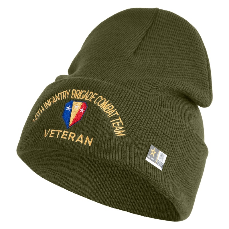 U.S. Army 50th Infantry Brigade Combat Team Logo Embroidered 12 Inch Solid Knit Cuff Long Beanie Made in USA Olive One Size