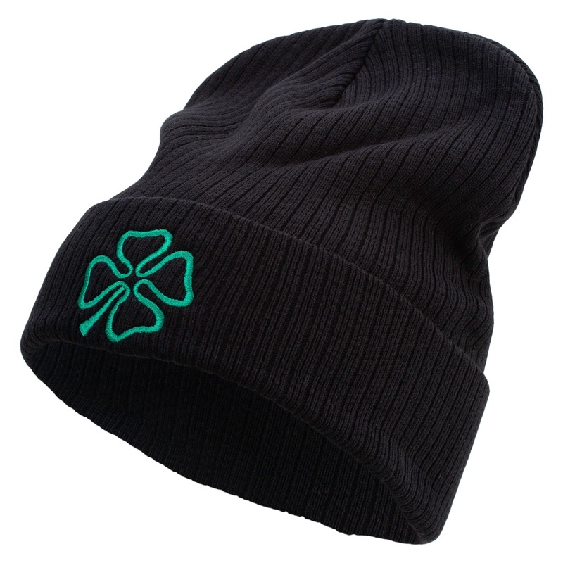 4 Leaf Clover Holiday Embroidered Big Size Cuff Long Beanie Black XL-3XL
