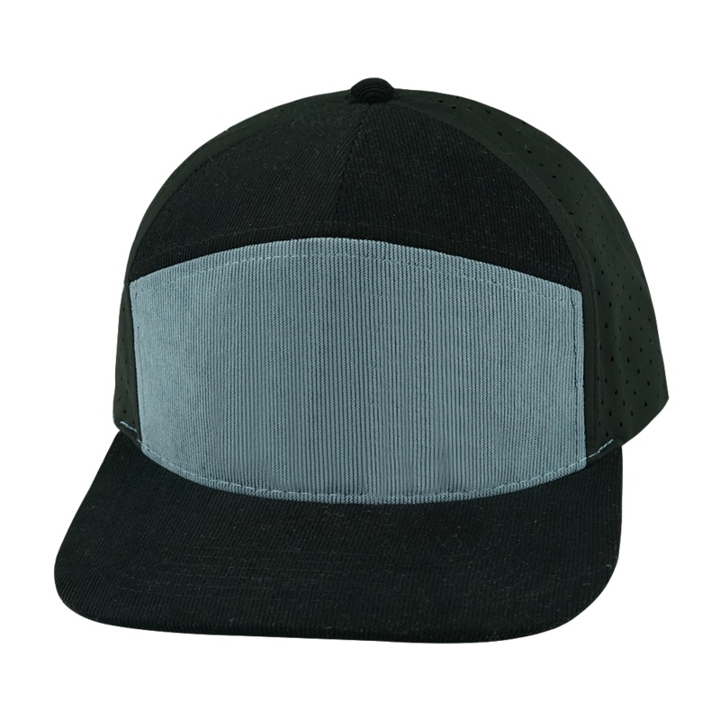 Blank – 7 Panel – Corduroy – Black / Gray Blue (Unisex) – Laser Mesh