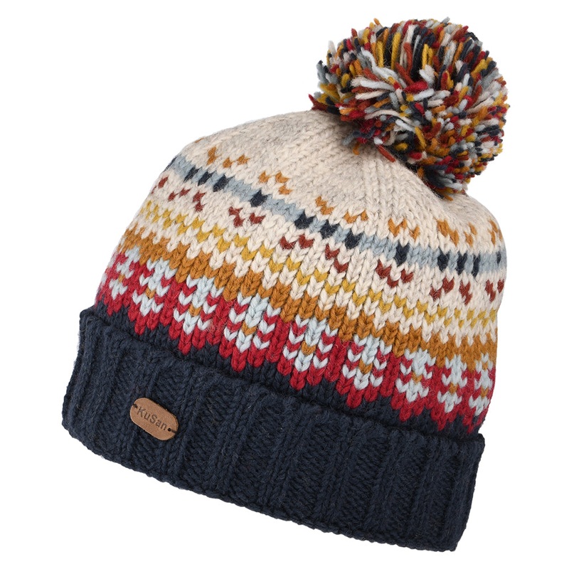 Kusan Mosaic Fair Isle Bobble Hat – Navy-Red-Cream 1-Size