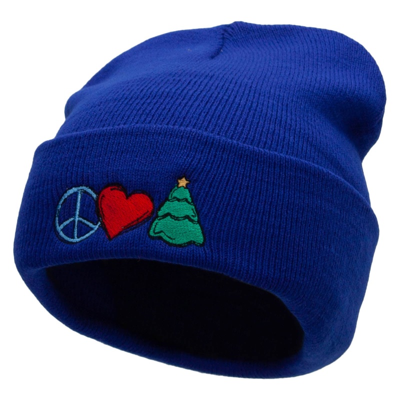 Peace Love Christmas Embroidered 12 Inch Long Knitted Beanie Royal One Size