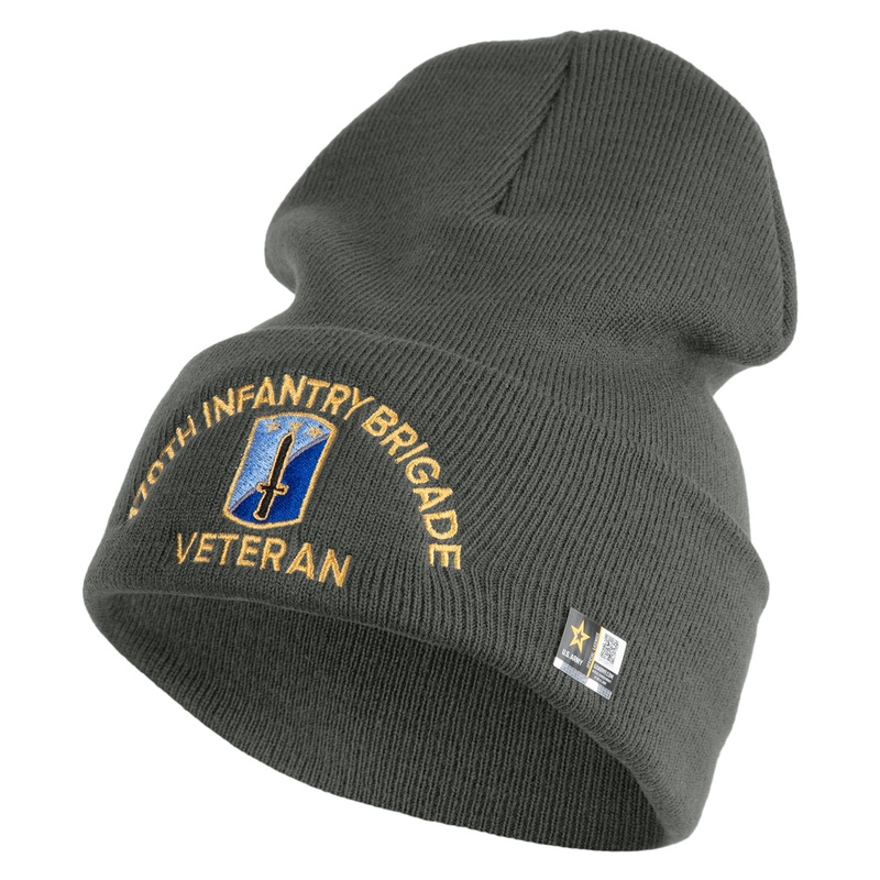 U.S. Army 170th Infantry Brigade Logo Embroidered 12 Inch Solid Knit Cuff Long Beanie Made in USA Charcoal One Size