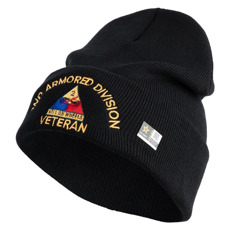 U.S. Army 2nd Armored Division Logo Embroidered 12 Inch Solid Knit Cuff Long Beanie Made in USA Black One Size
