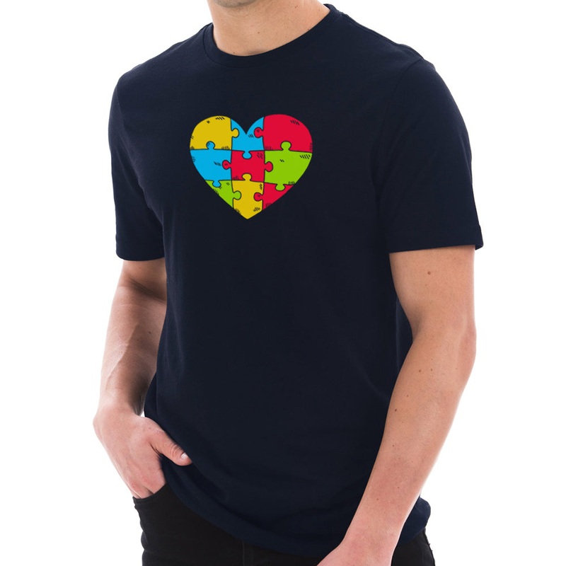 Autism Heart Puzzle Graphic Design Short Sleeve Cotton Jersey T-Shirt Navy XS
