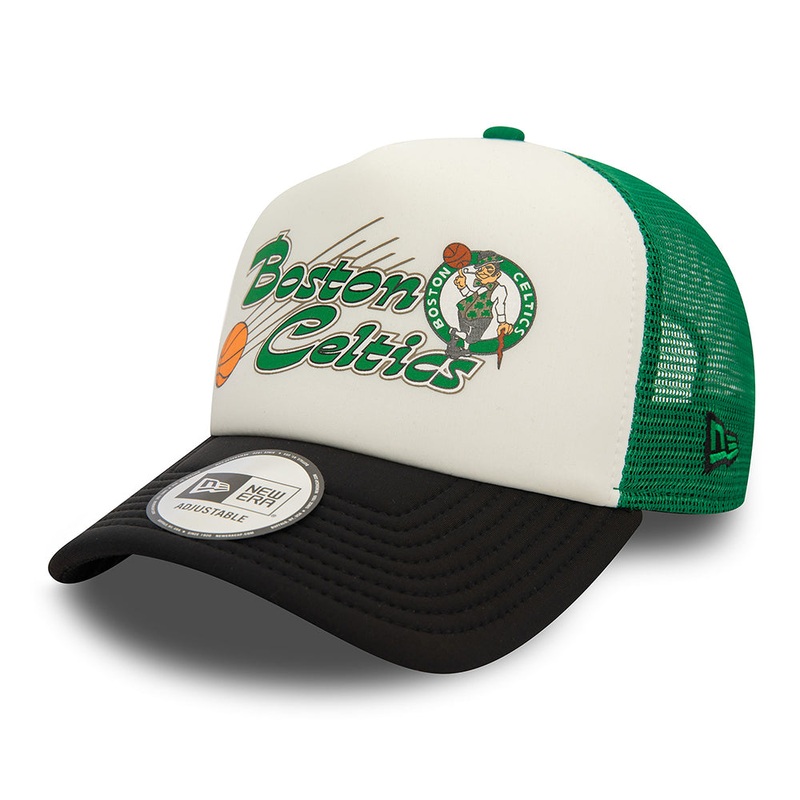 New Era Boston Celtics A-Frame Trucker Cap – NBA Graphic – Off White-Black-Green Adjustable
