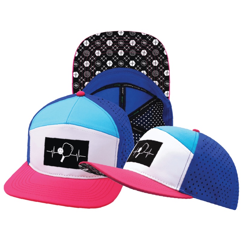 Pickleball Hat – Flat Bill – Neon Pink / White / Neon Blue Green / Blue – Laser Mesh