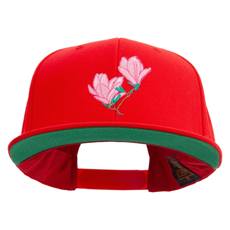 Pink Magnolia Flowers Embroidered Wool Blend Prostyle Snapback Red One Size