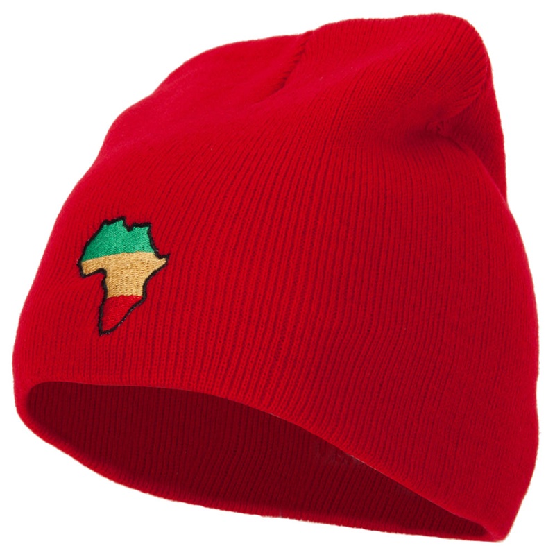 Rasta Africa Map Embroidered 8 Inch Knitted Short Beanie Red One Size