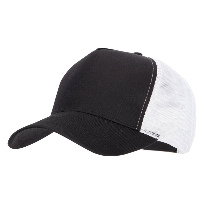 5 Panel High Profile Poly Cotton Twill Mesh Trucker Cap Black White One Size