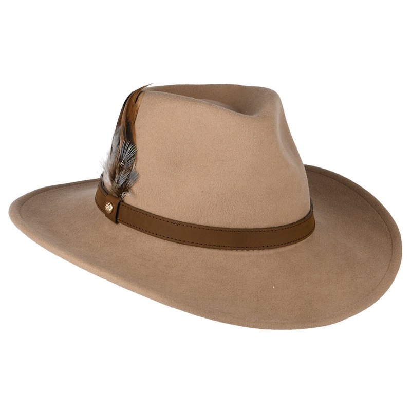 Failsworth Hats Showerproof Wool Felt Outback Hat with Feathers – Camel Small/Medium