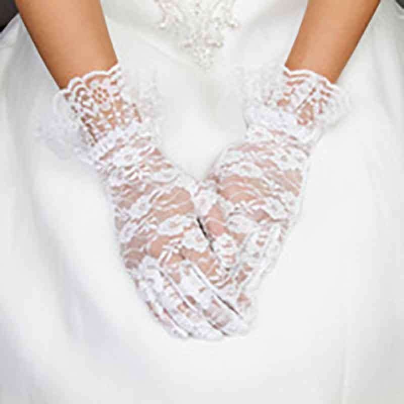 Lace Gloves with Wide Ruffle Trim White