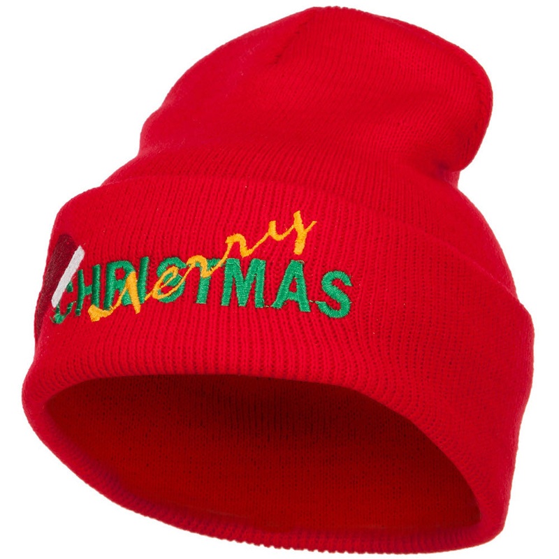 Merry Christmas Santa Hat Embroidered Long Beanie Red One Size