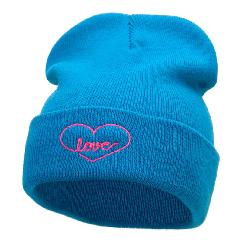 Radiant Love Embroidered Long Knitted Beanie Aqua One Size
