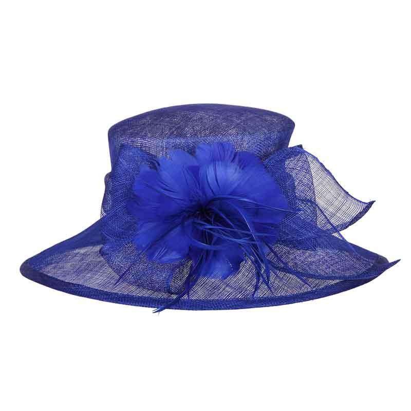 Sinamay Big Brim Derby Hat with Feather Flower Royal Blue