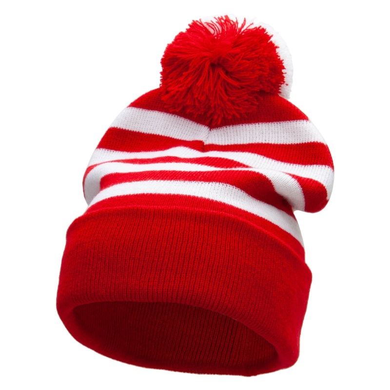 Striped Pom Pom Cuff Long Beanie Red White One Size