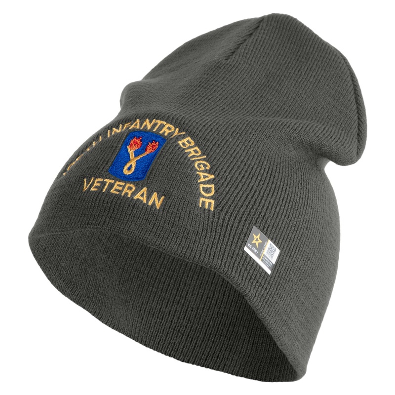 U.S. Army 196th Infantry Brigade Symbol Embroidered 8 Inch Solid Knit Short Beanie Made in USA Charcoal One Size