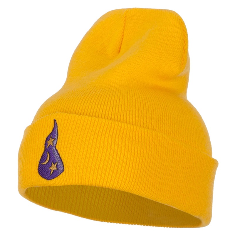 Wizard Hat with Stars and Moon Embroidered Long Beanie Yellow One Size