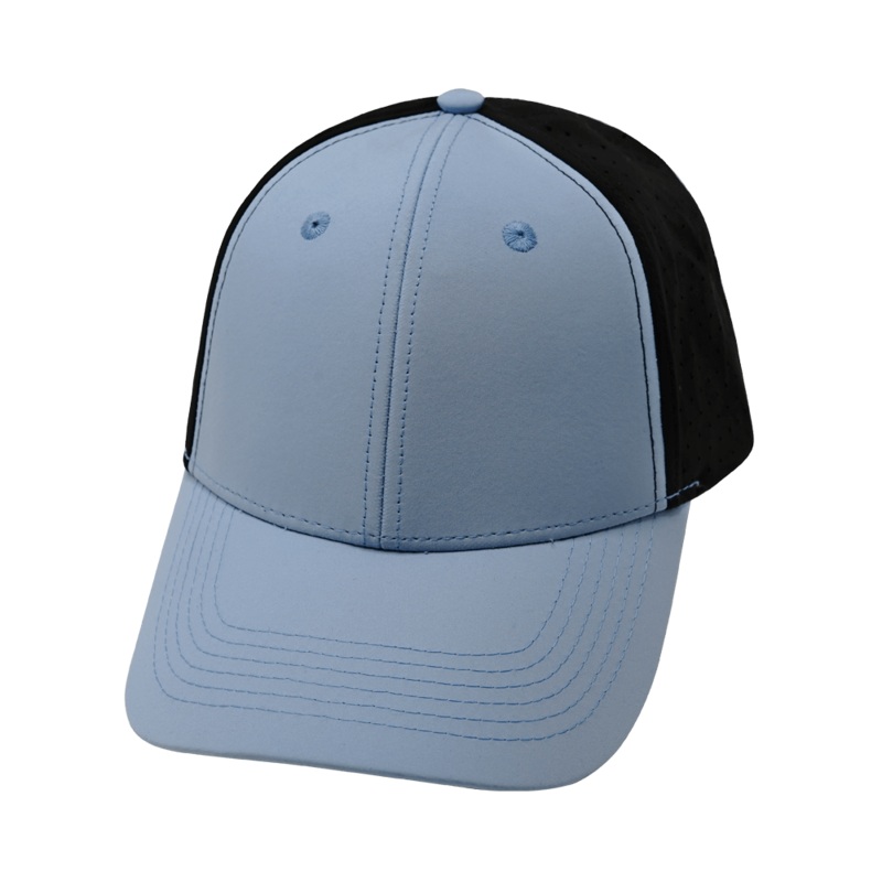 Blank – 6 Panel – Shallow Fit – Pony Tail – Baby Blue / Black (Unisex) – Laser Mesh
