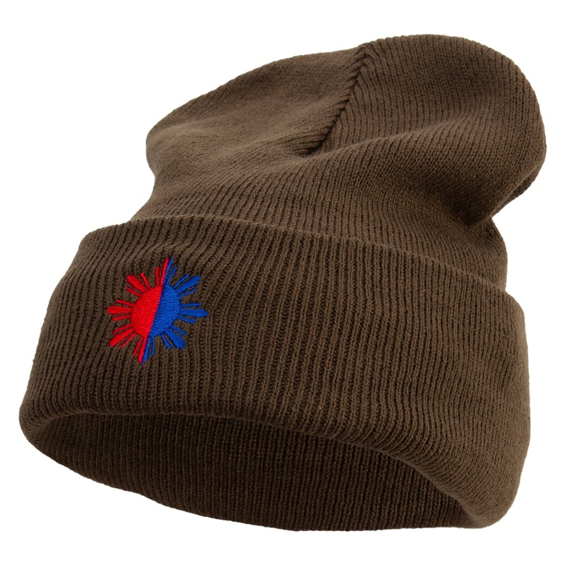 Philippines Sun Symbol Embroidered Fleece Lined Cuff Beanie Olive One Size