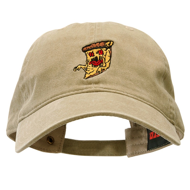 Pizza Monster Embroidered Washed Solid Pigment Dyed Twill Brass Buckle Cap Khaki One Size