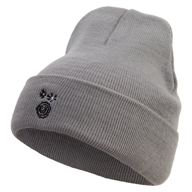 Scandinavian Flower Embroidered 12 inch Acrylic Blank Cuff Long Beanie Grey One Size
