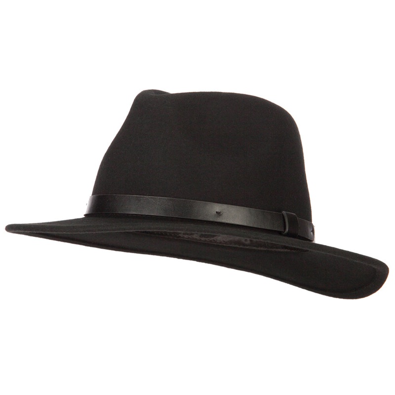 Women’s Leather Band Trim Accented Large Brim Wool Fedora Hat Black One Size